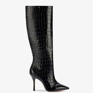 NWOB Larroude Kate Black Croc Stamped Leather Knee High Boots Size 6